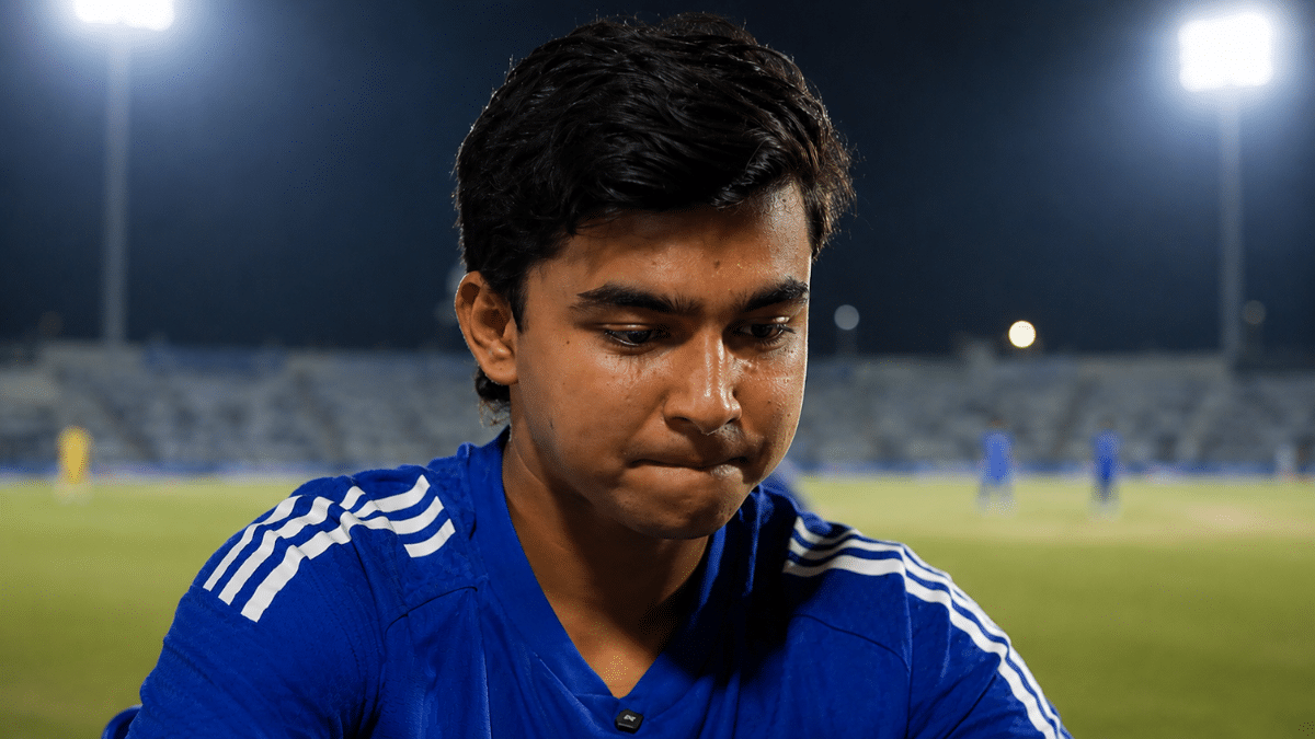 Vaibhav Sooryavanshi in a blue training jersey during a nighttime stadium session, captured in a close-up portrait with blurred cricket field, floodlights, and players in the background.
