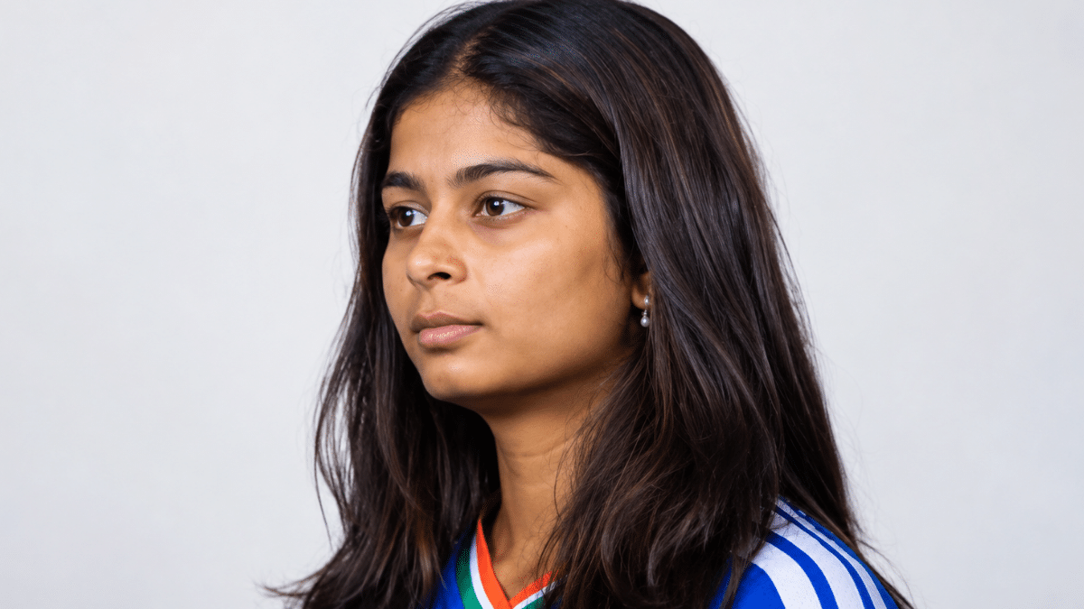 Shreyanka Patil in a blue cricket jersey, shown in a left-facing three-quarter angle with a calm, focused expression against a light background.