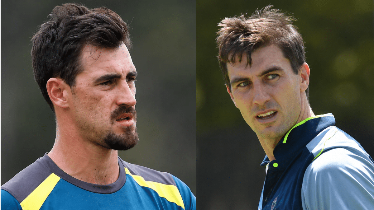 Mitchell Starc and Pat Cummins pictured during a cricket training session.