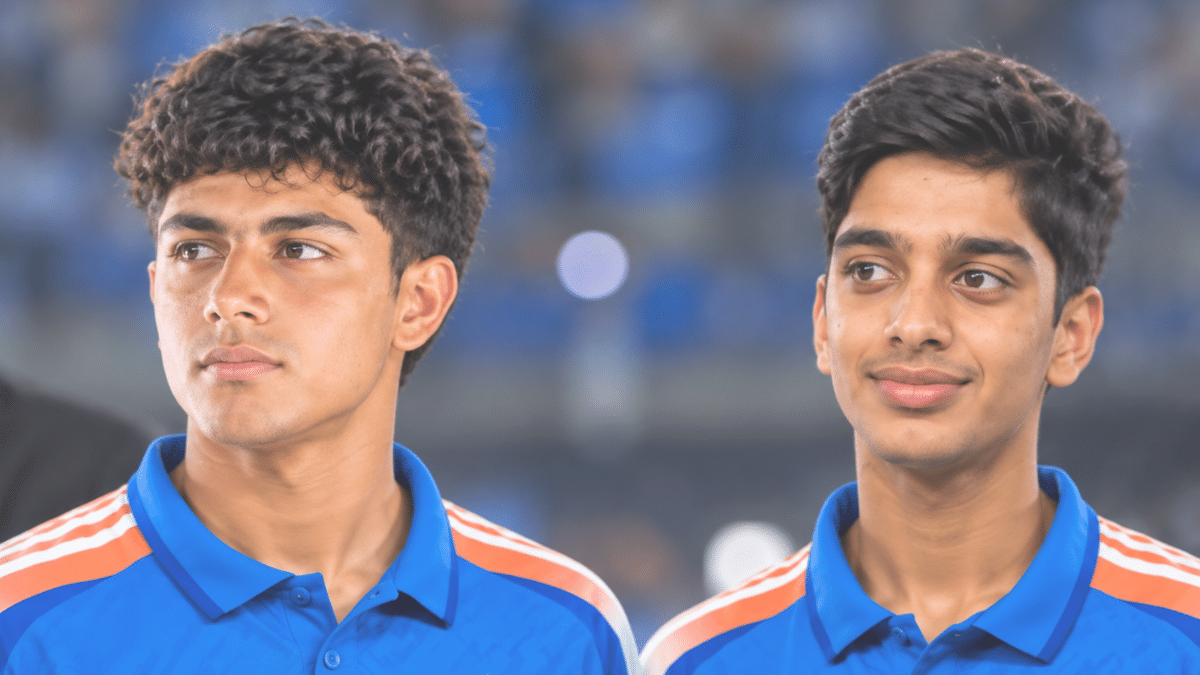 Aaryavir Sehwag and Anvay Dravid, India U-19 cricketers, wearing blue cricket jerseys.