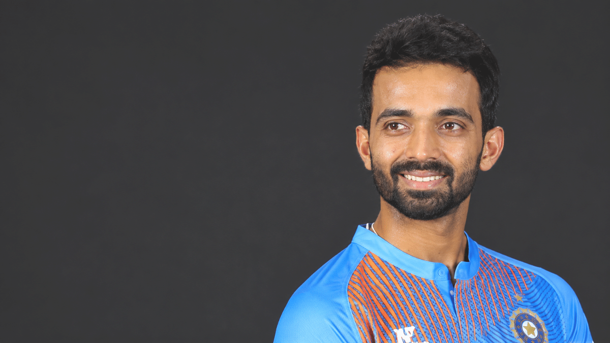 Ajinkya Rahane cricket portrait, right-side angle.