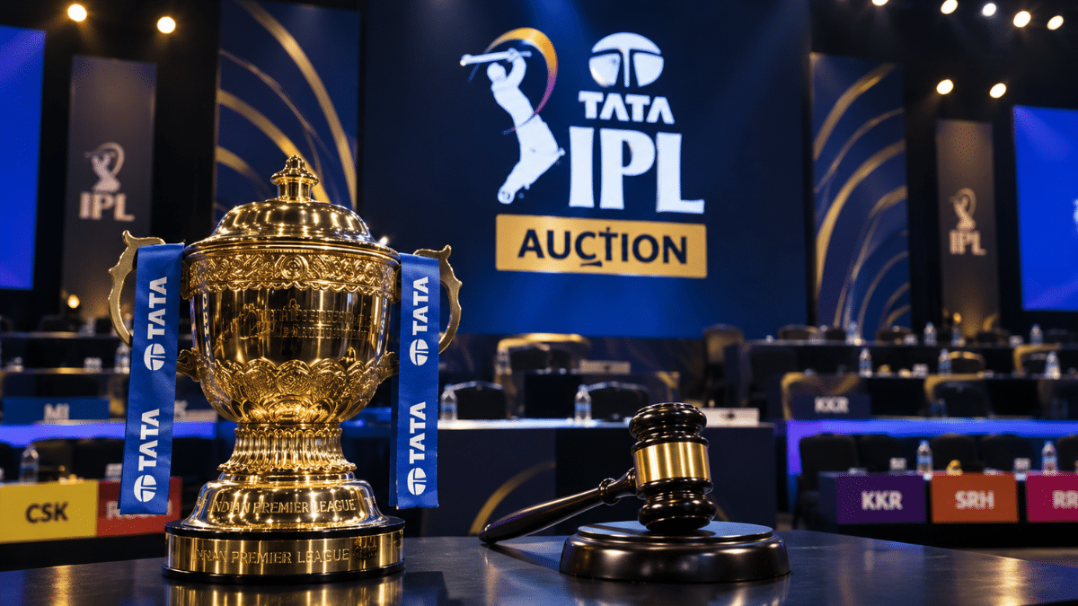 IPL auction stage featuring the IPL trophy and auction gavel under blue and gold lighting.