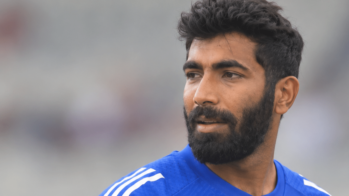 Jasprit Bumrah in a blue India training jersey