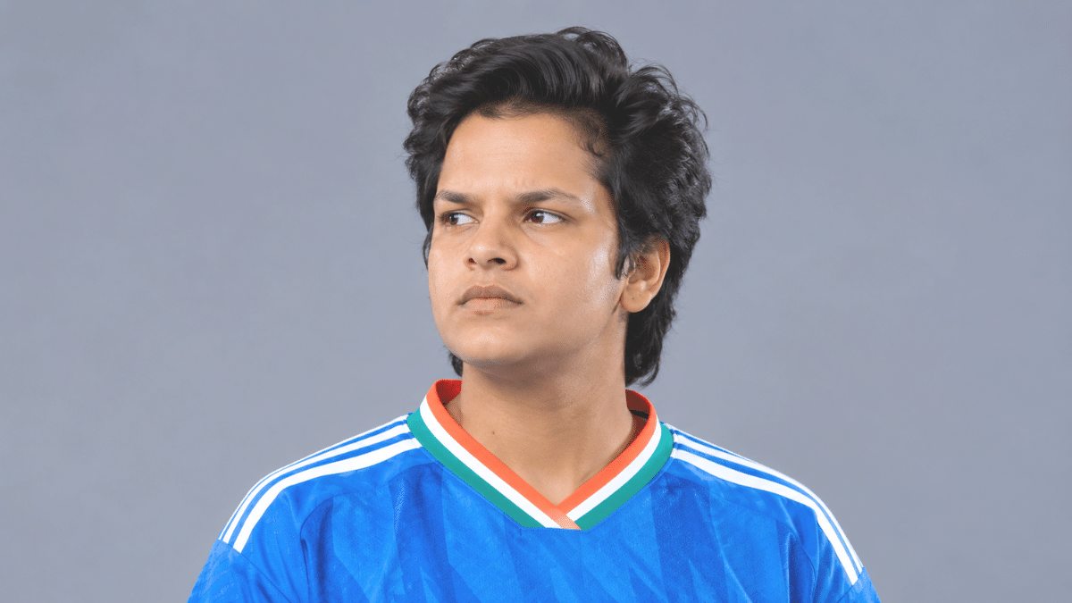 Shafali Verma, Indian women’s cricketer, in a blue cricket jersey.