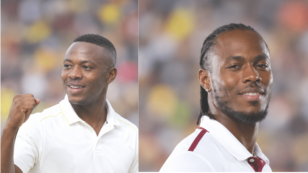 Two cricket players smiling in white shirts, shown in separate portraits against a blurred stadium background.