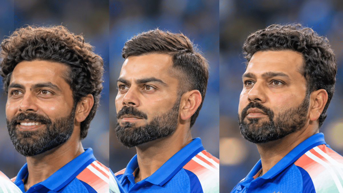Rohit Sharma, Virat Kohli and Ravindra Jadeja in India cricket jerseys, looking toward the left.