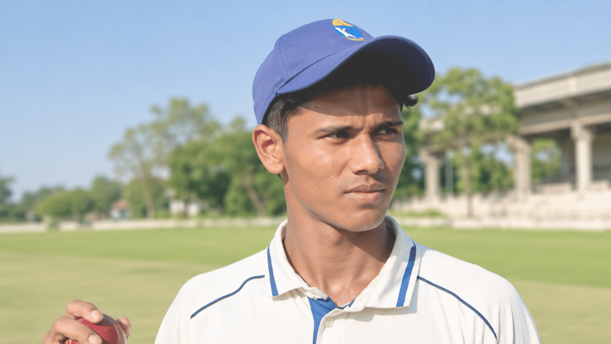 Rohit Yadav in a blue cricket cap and white cricket jersey, shown in a right-facing three-quarter profile on a sunny cricket ground.