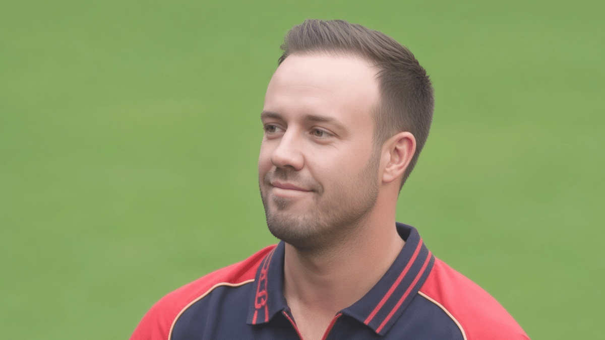 AB de Villiers looking to the left with a slight smile, short dark hair and light beard, wearing a red and navy sports jersey against a green field background.