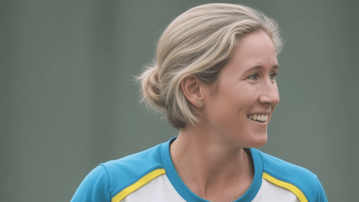 Beth Mooney smiling and looking to the right, with blonde hair in a bun, wearing a teal, white and yellow sports jersey against a blurred green background.