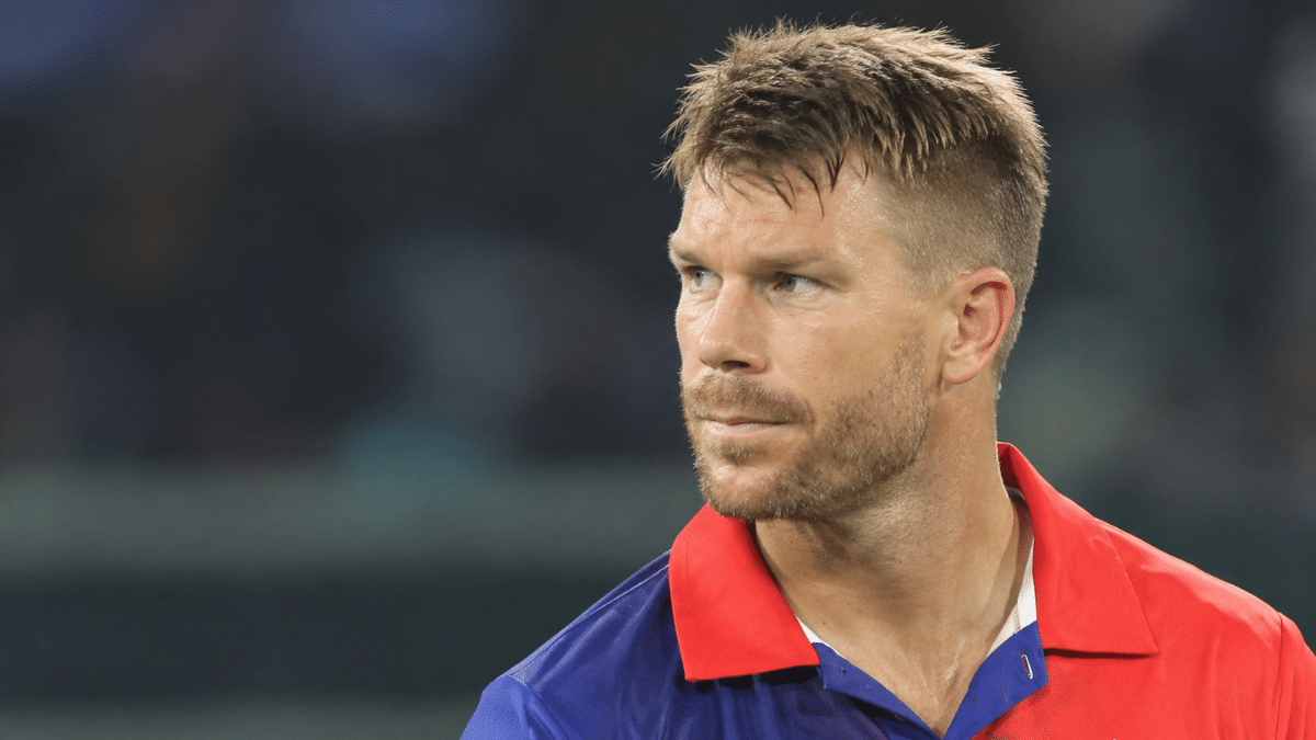 David Warner, former Australian left-handed batter, wearing a navy-and-red cricket jersey and looking to the left.