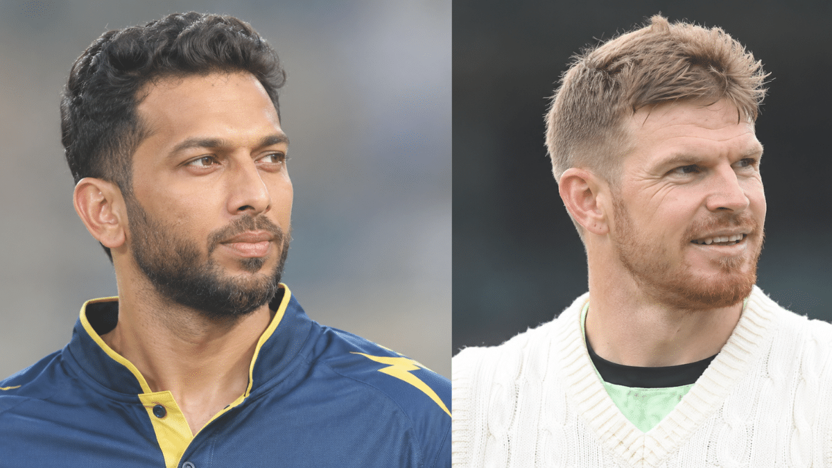Side-by-side portraits of Shahrukh Khan (left) looking to the right in a blue and yellow jersey, and Glenn Phillips (right) looking to the right in a white cricket sweater.
