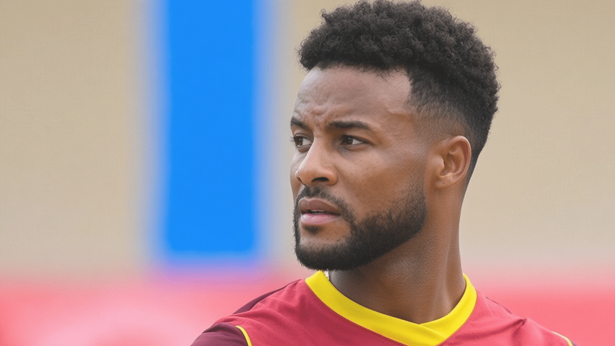Shai Hope looking to the left, with short curly black hair and a beard, wearing a maroon jersey with yellow collar against a blurred outdoor background.
