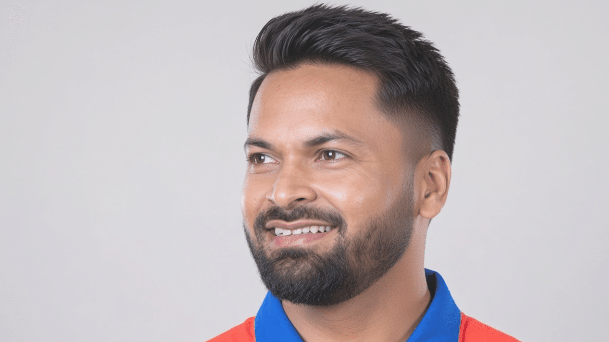 Mukesh Kumar smiling and looking to the left, with styled dark hair and a full beard, wearing an orange polo shirt with a blue collar against a plain light gray background.