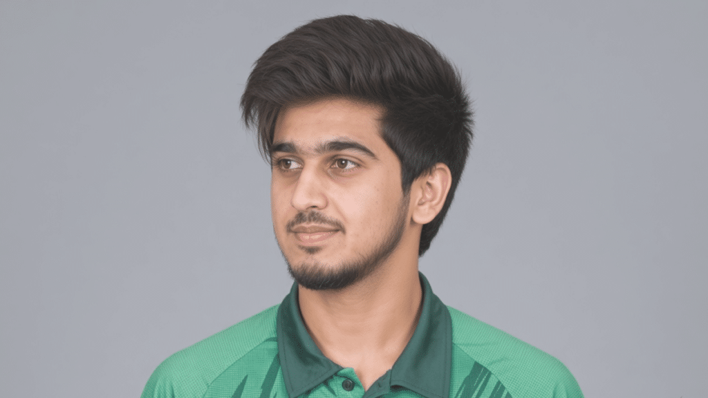 Saim Ayub looking to the left, with styled dark hair and a light beard, wearing a green patterned polo shirt against a plain gray background.